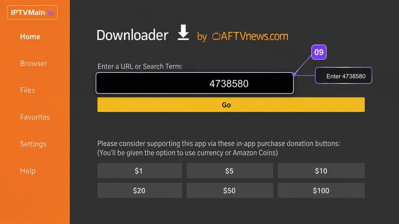 Downloader app by AFTVnews with the IPTVMain code 4738580 entered in the URL box
